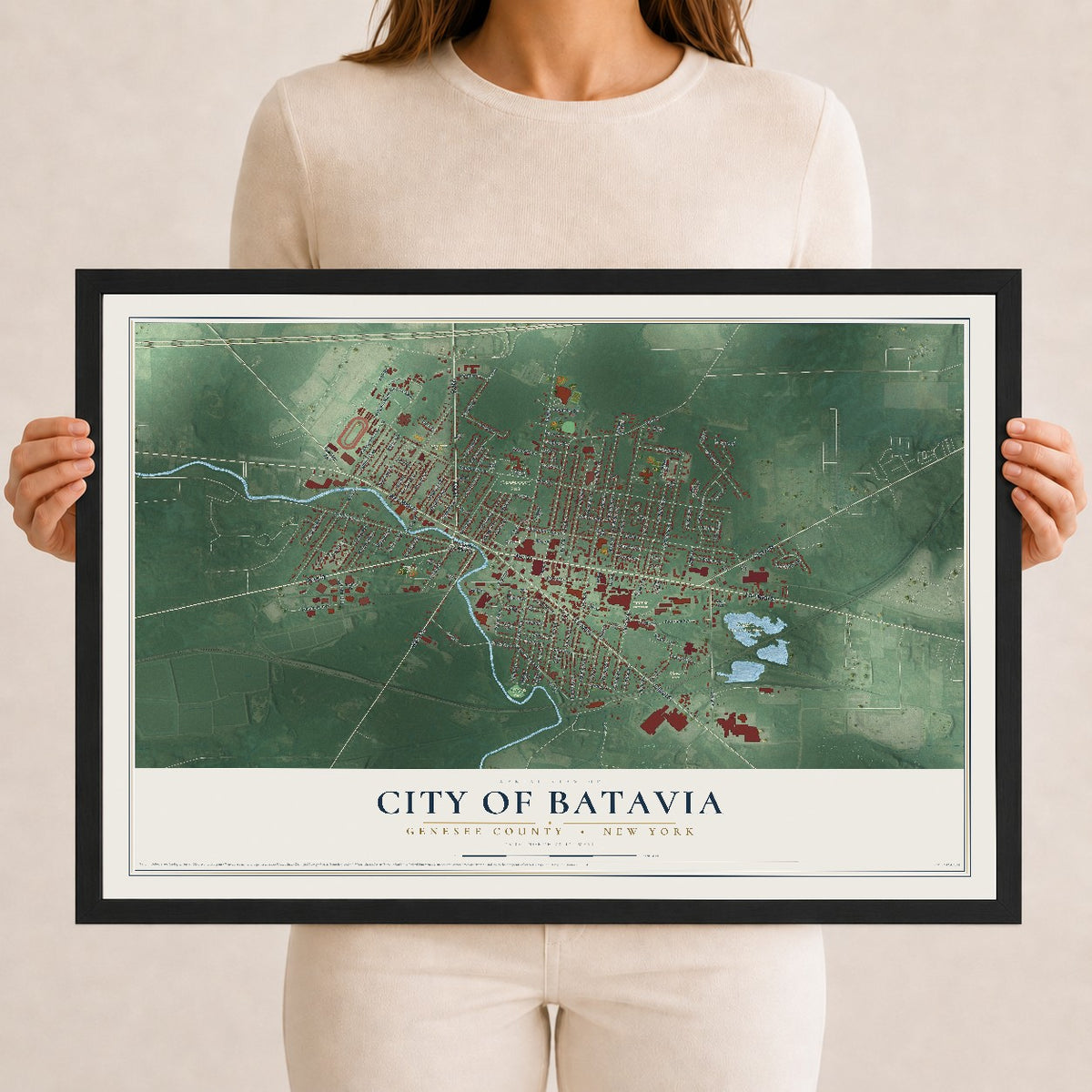 Map of the City of Batavia, Genesee County, New York, 12 x 18 inch print in a black wood frame