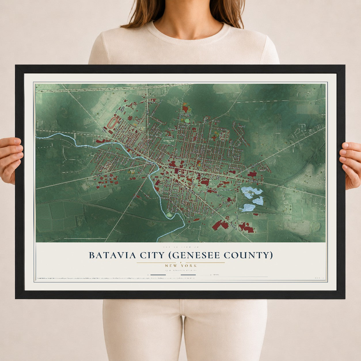 Batavia City (Genesee County), New York map print, 18" x 24" W/ Black Ayous Wood Frame mockup