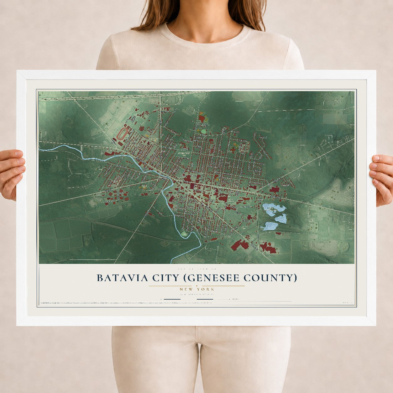 Batavia City (Genesee County), New York map print, 18" x 24" W/ White Ayous Wood Frame mockup