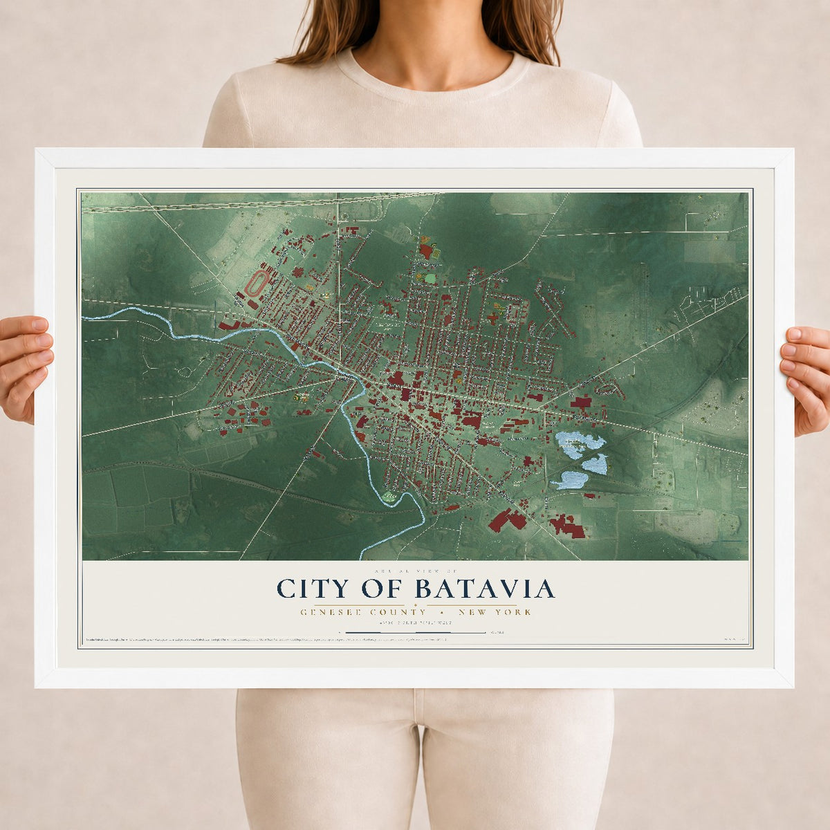 Map of the City of Batavia, Genesee County, New York, 18 x 24 inch print in a white wood frame
