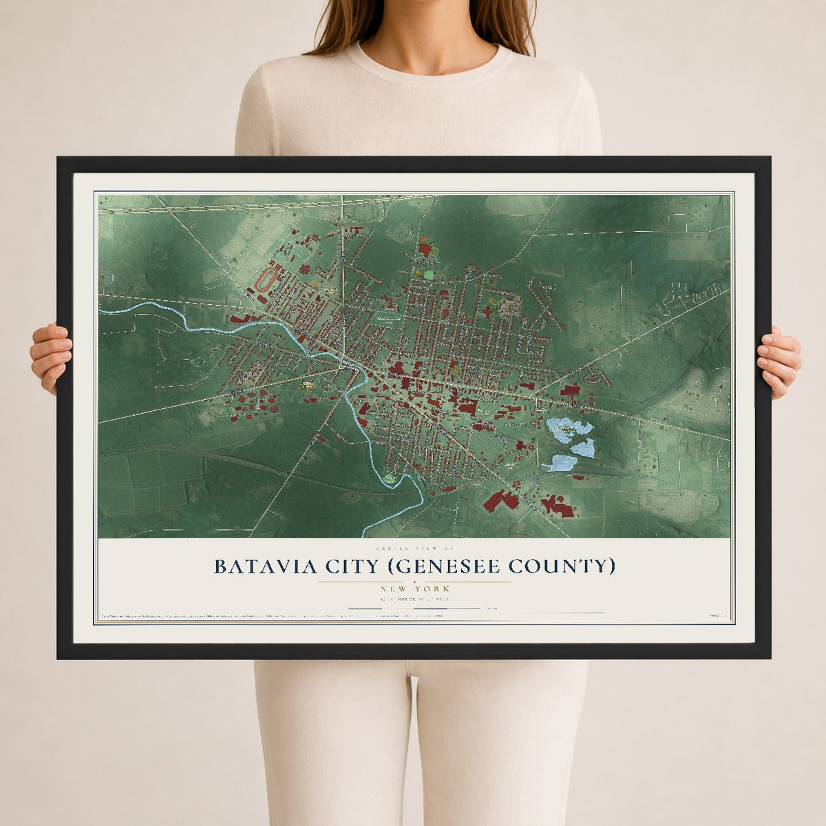 Batavia City (Genesee County), New York map print, 24" x 36" W/ Black Ayous Wood Frame mockup