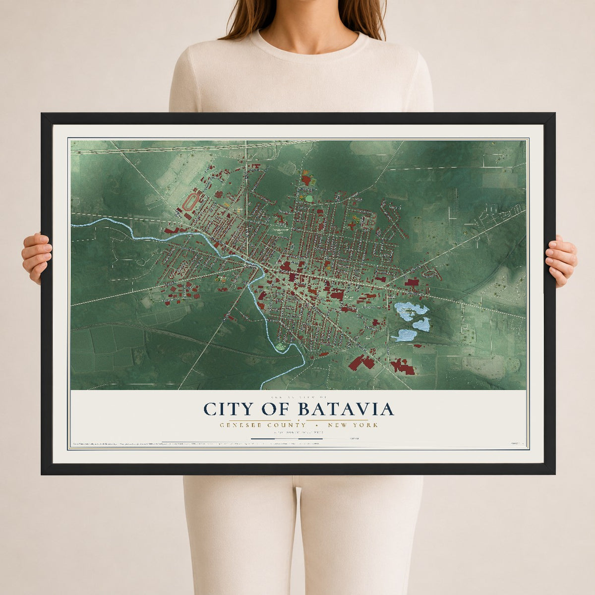 Map of the City of Batavia, Genesee County, New York, 24 x 36 inch print in a black wood frame