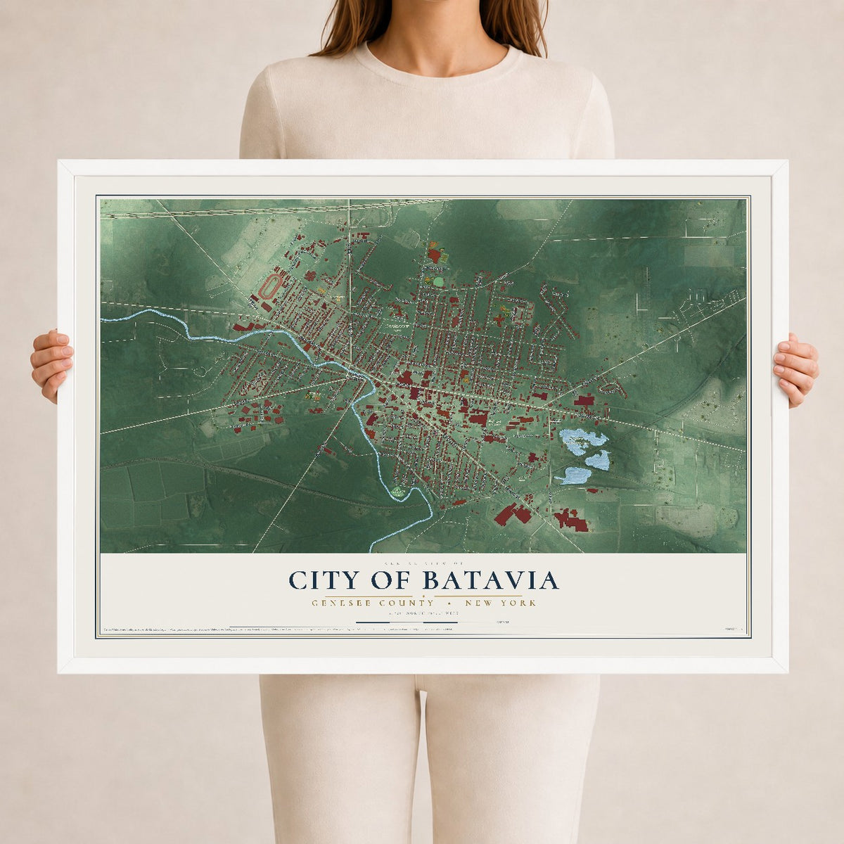 Map of the City of Batavia, Genesee County, New York, 24 x 36 inch print in a white wood frame