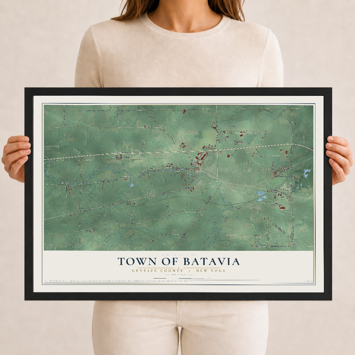 Map of the Town of Batavia, Genesee County, New York, 12 x 18 inch print in a black wood frame