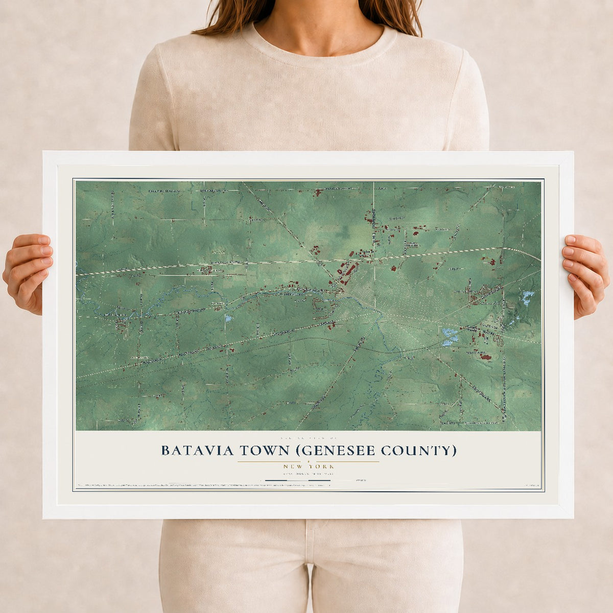 Batavia Town (Genesee County), New York map print, 12" x 18" W/ White Ayous Wood Frame mockup