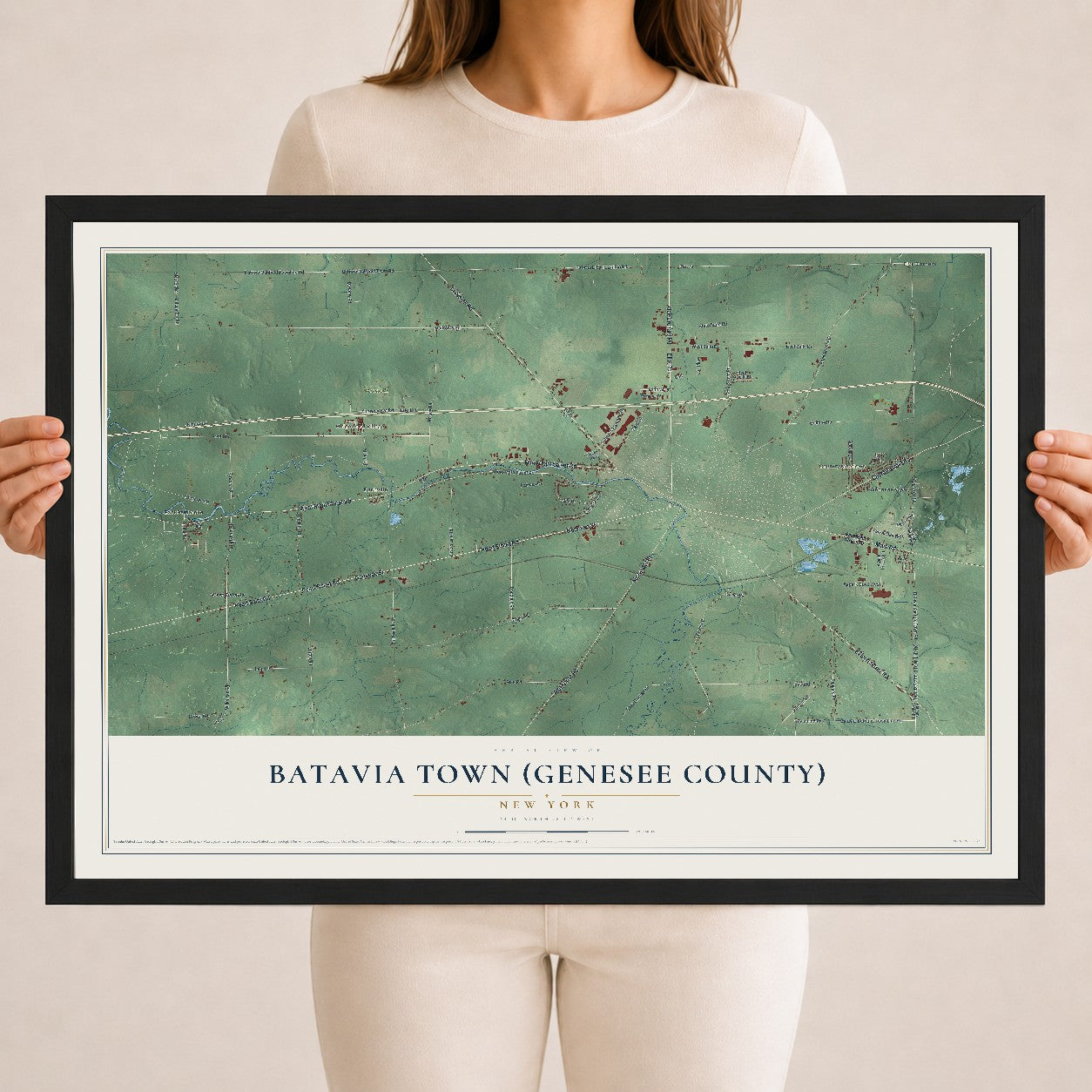 Batavia Town (Genesee County), New York map print, 18" x 24" W/ Black Ayous Wood Frame mockup