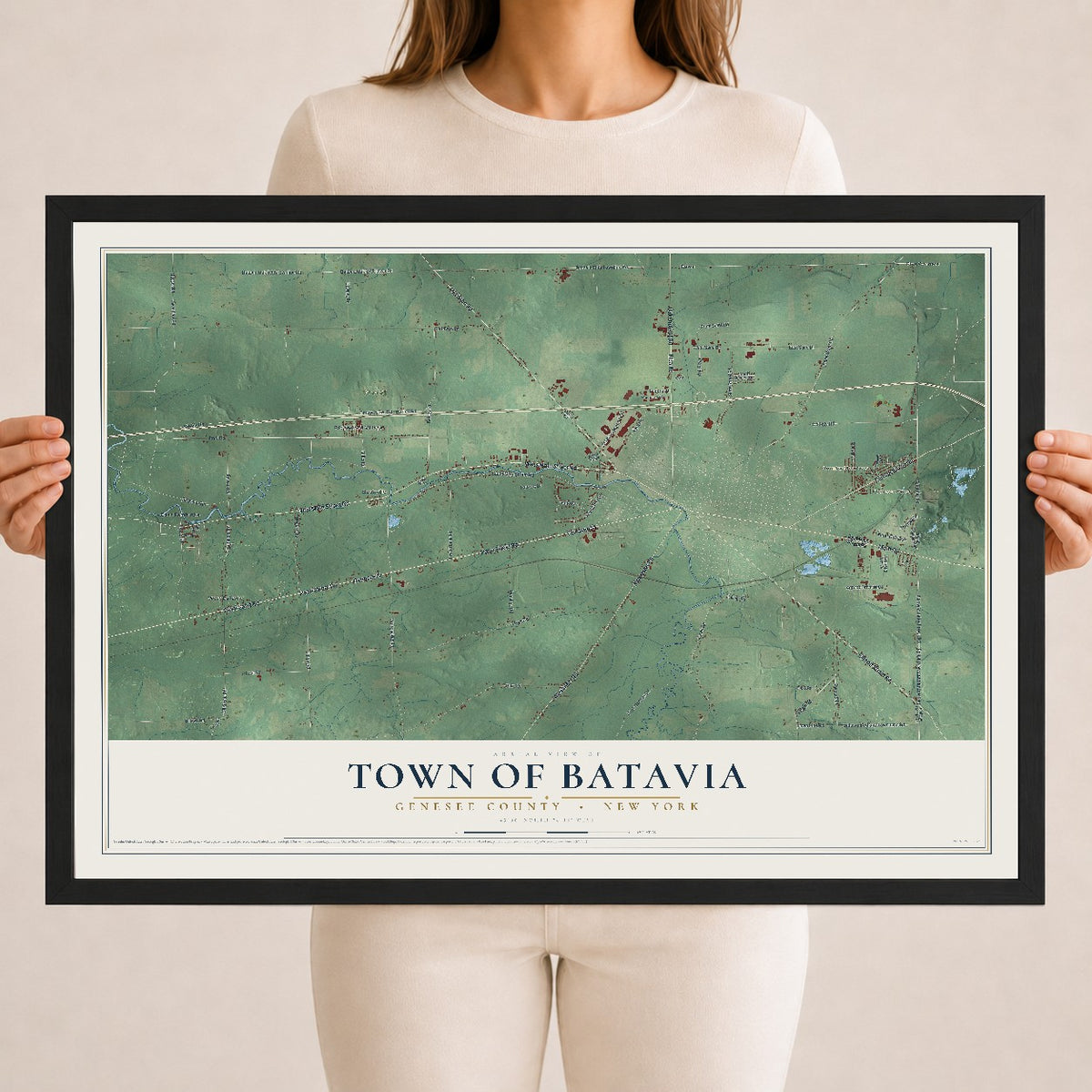 Map of the Town of Batavia, Genesee County, New York, 18 x 24 inch print in a black wood frame