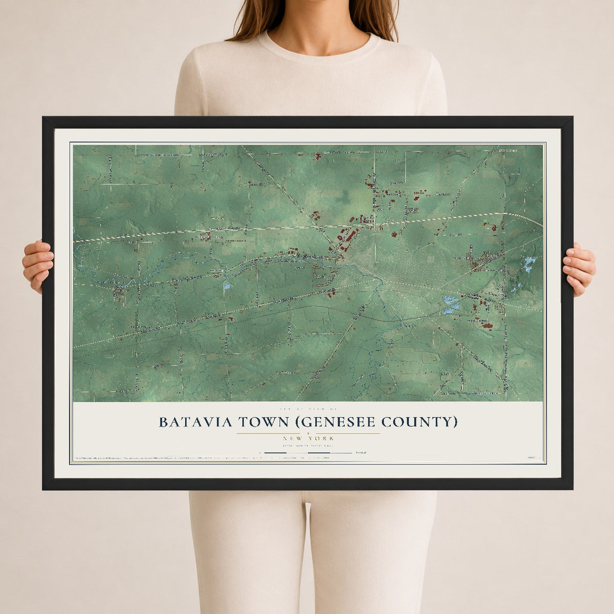 Batavia Town (Genesee County), New York map print, 24" x 36" W/ Black Ayous Wood Frame mockup