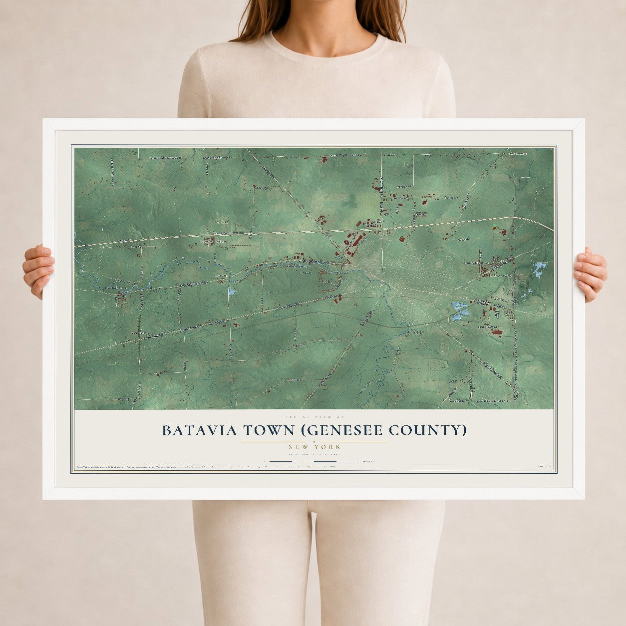 Batavia Town (Genesee County), New York map print, 24" x 36" W/ White Ayous Wood Frame mockup