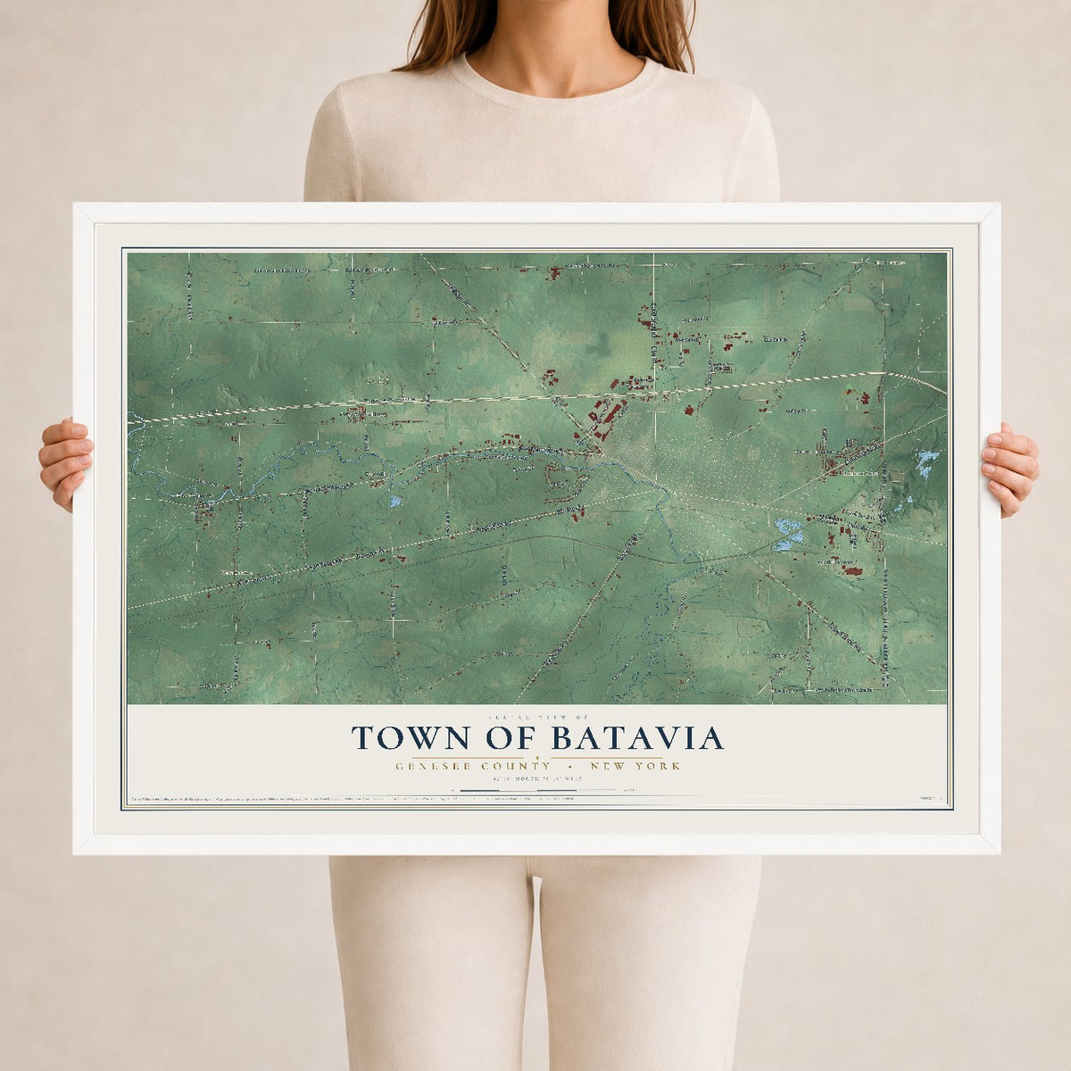 Map of the Town of Batavia, Genesee County, New York, 24 x 36 inch print in a white wood frame