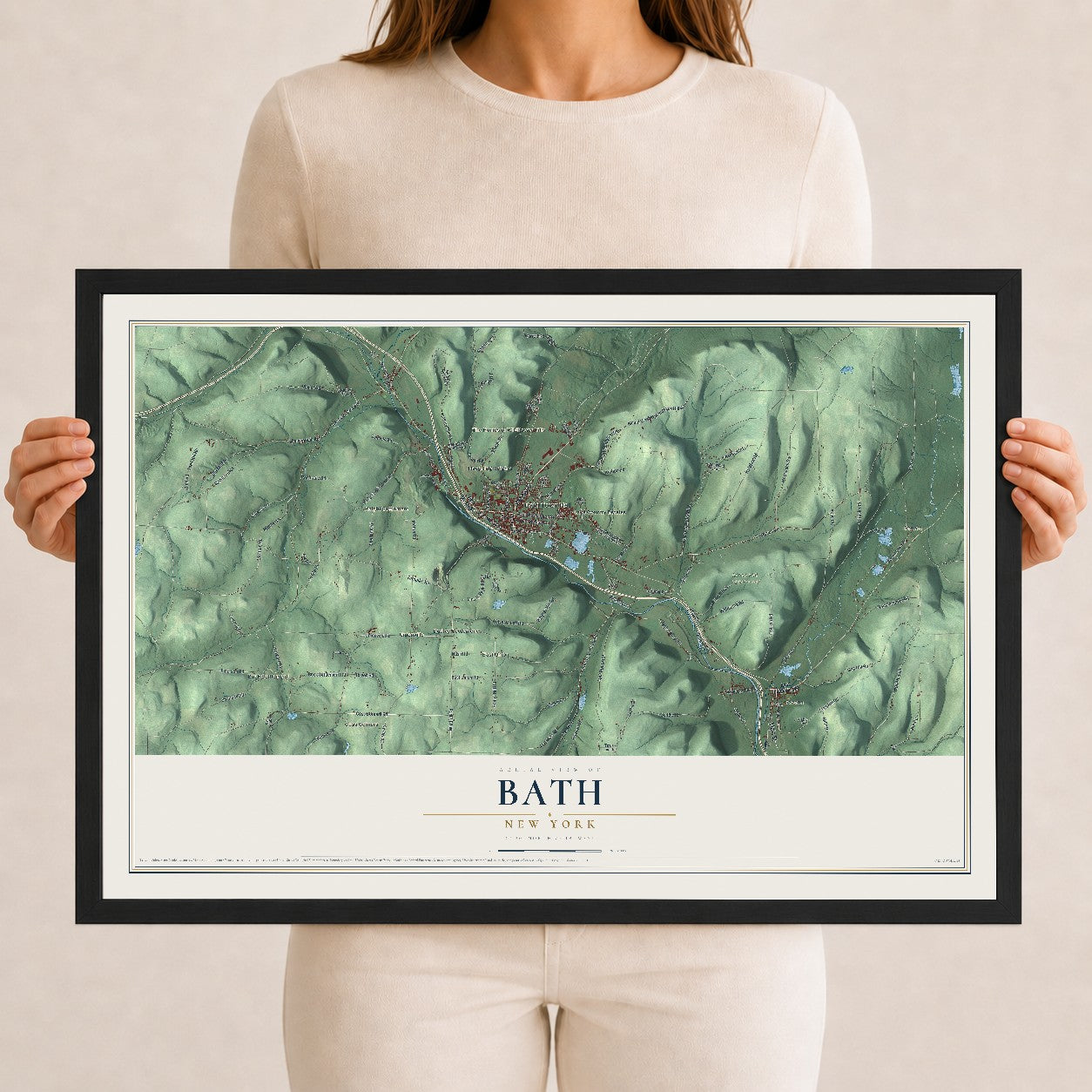 Bath, New York map print, 12" x 18" W/ Black Ayous Wood Frame mockup