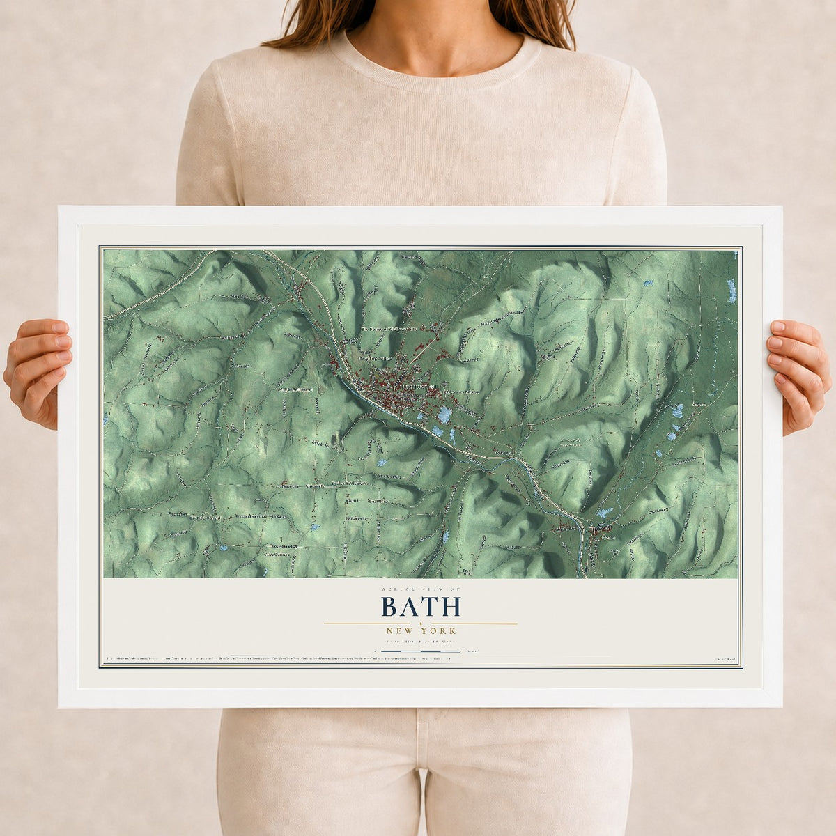 Bath, New York map print, 12" x 18" W/ White Ayous Wood Frame mockup