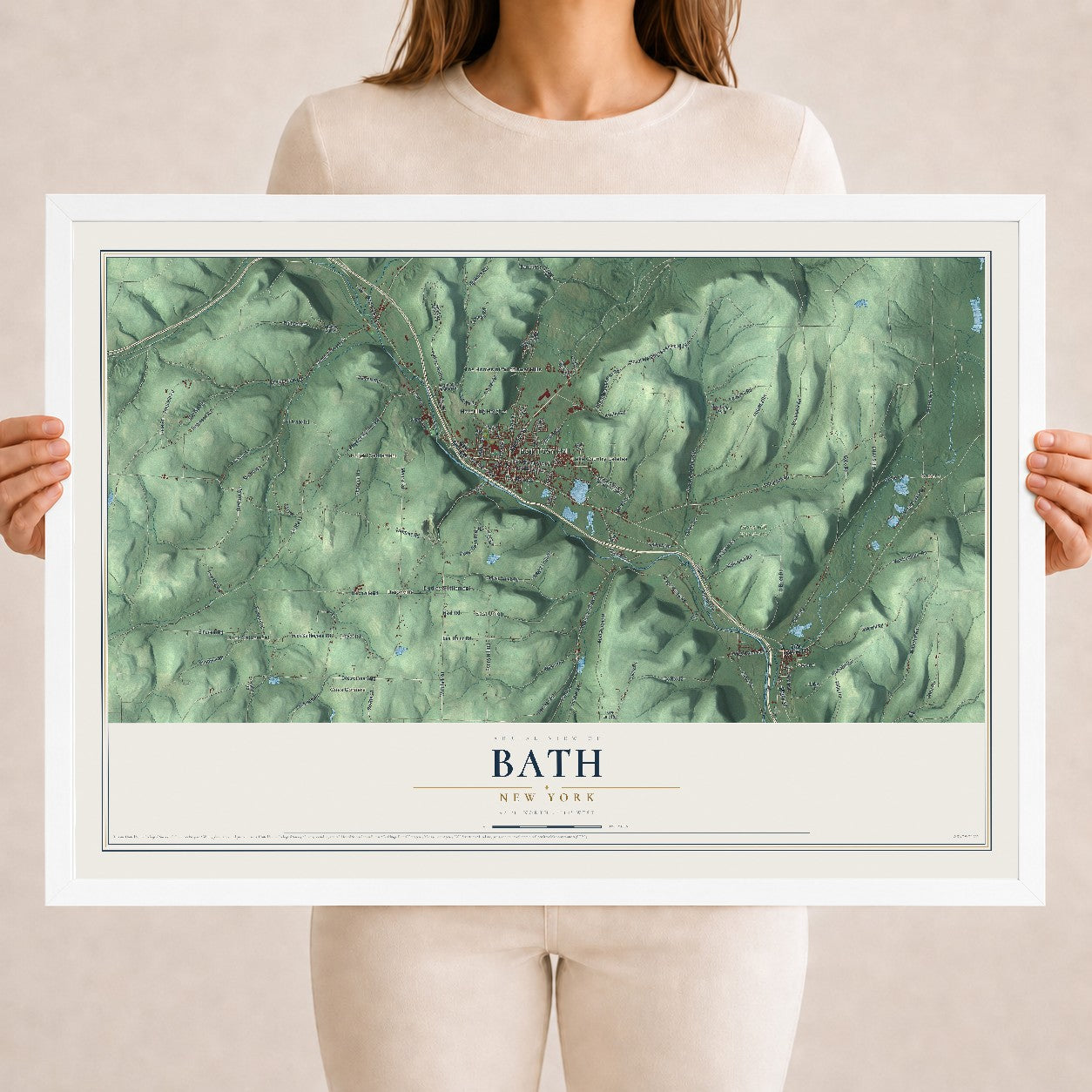 Bath, New York map print, 18" x 24" W/ White Ayous Wood Frame mockup