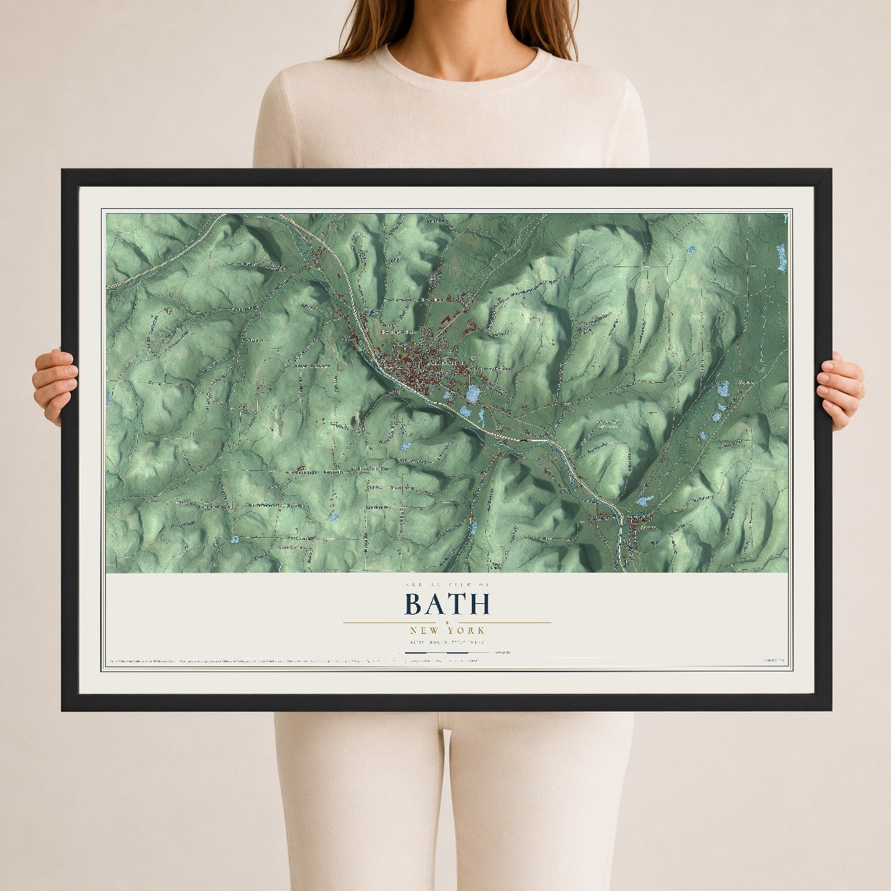 Bath, New York map print, 24" x 36" W/ Black Ayous Wood Frame mockup
