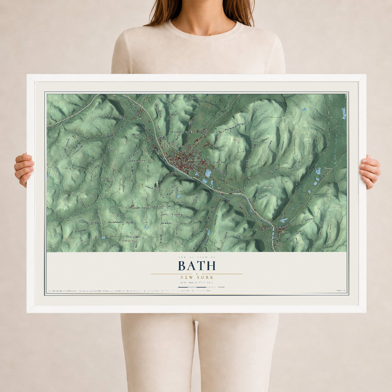 Bath, New York map print, 24" x 36" W/ White Ayous Wood Frame mockup