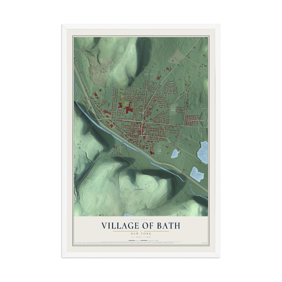 Bath, New York map print, 12" x 18" W/ White Ayous Wood Frame mockup