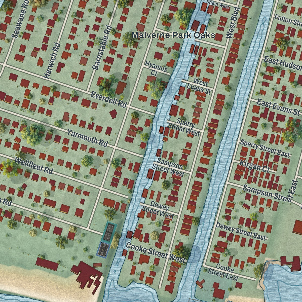 Close-up of the map of Bay Park, New York print showing street and building detail