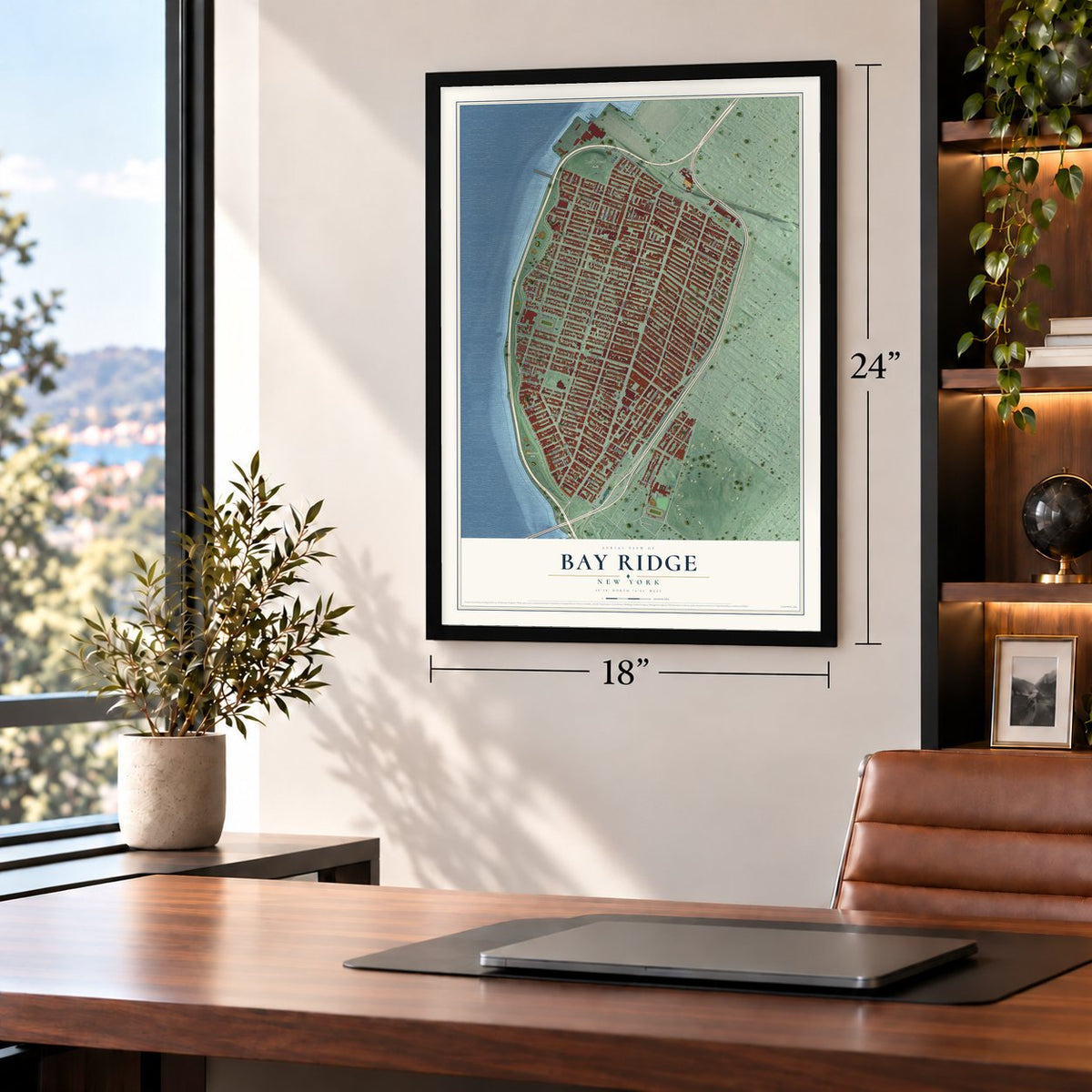 Bay Ridge, New York map, 18 x 24 inch print in a black frame in a home office