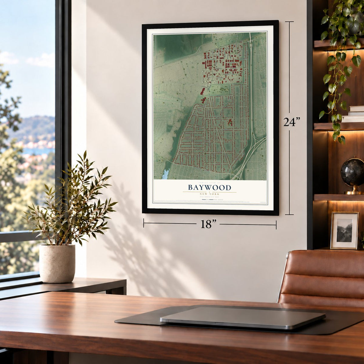 Baywood, New York map, 18 x 24 inch print in a black frame in a home office