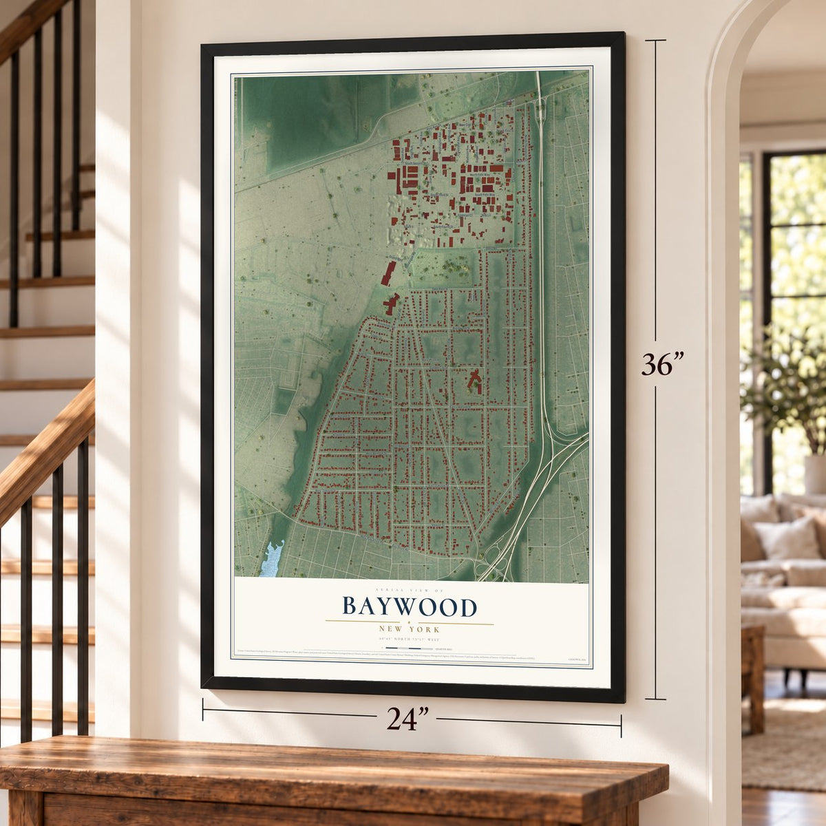 Baywood, New York map, 24 x 36 inch print in a black frame by a staircase
