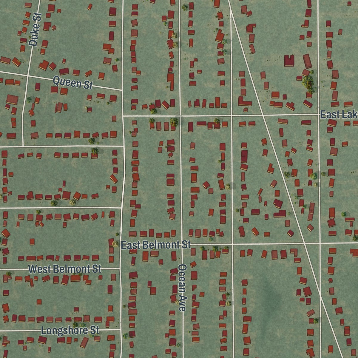 Close-up of the map of Baywood, New York print showing street and building detail