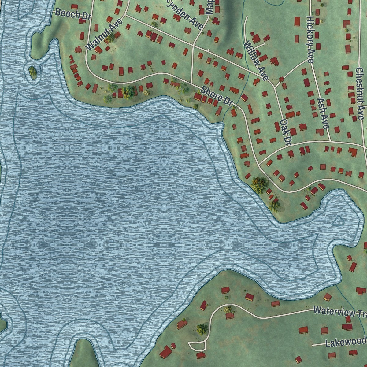 Close-up of the map of Beaver Dam Lake, New York print showing street and building detail