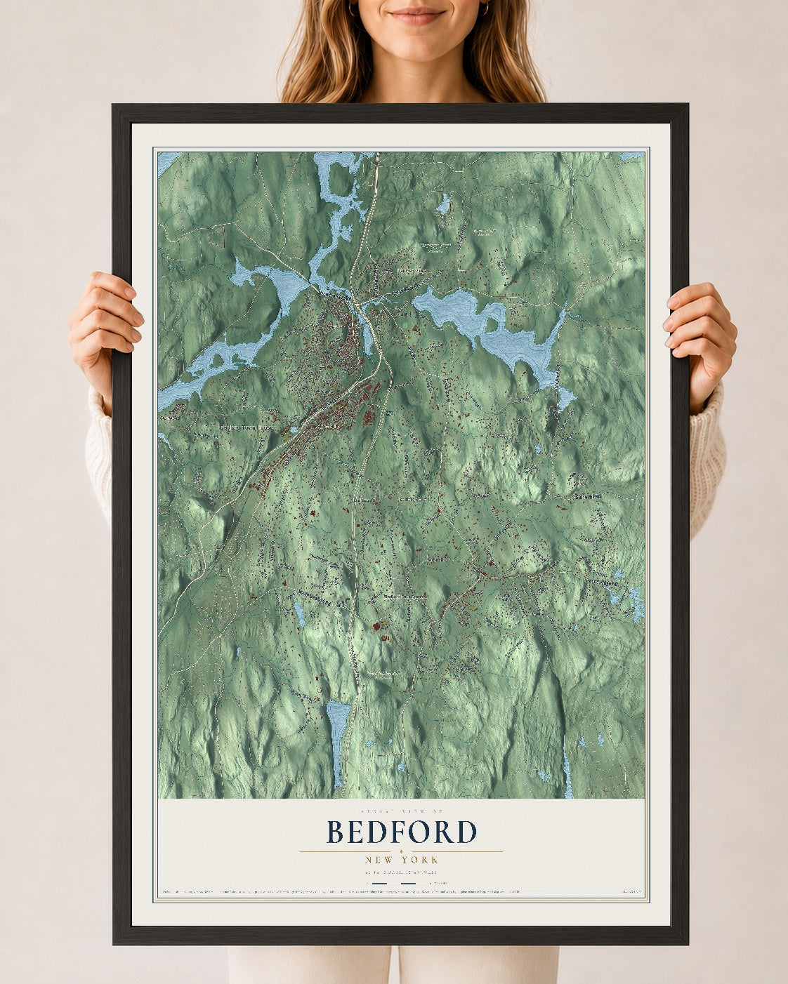 Bedford, New York map print, 24" x 36" W/ Black Ayous Wood Frame mockup