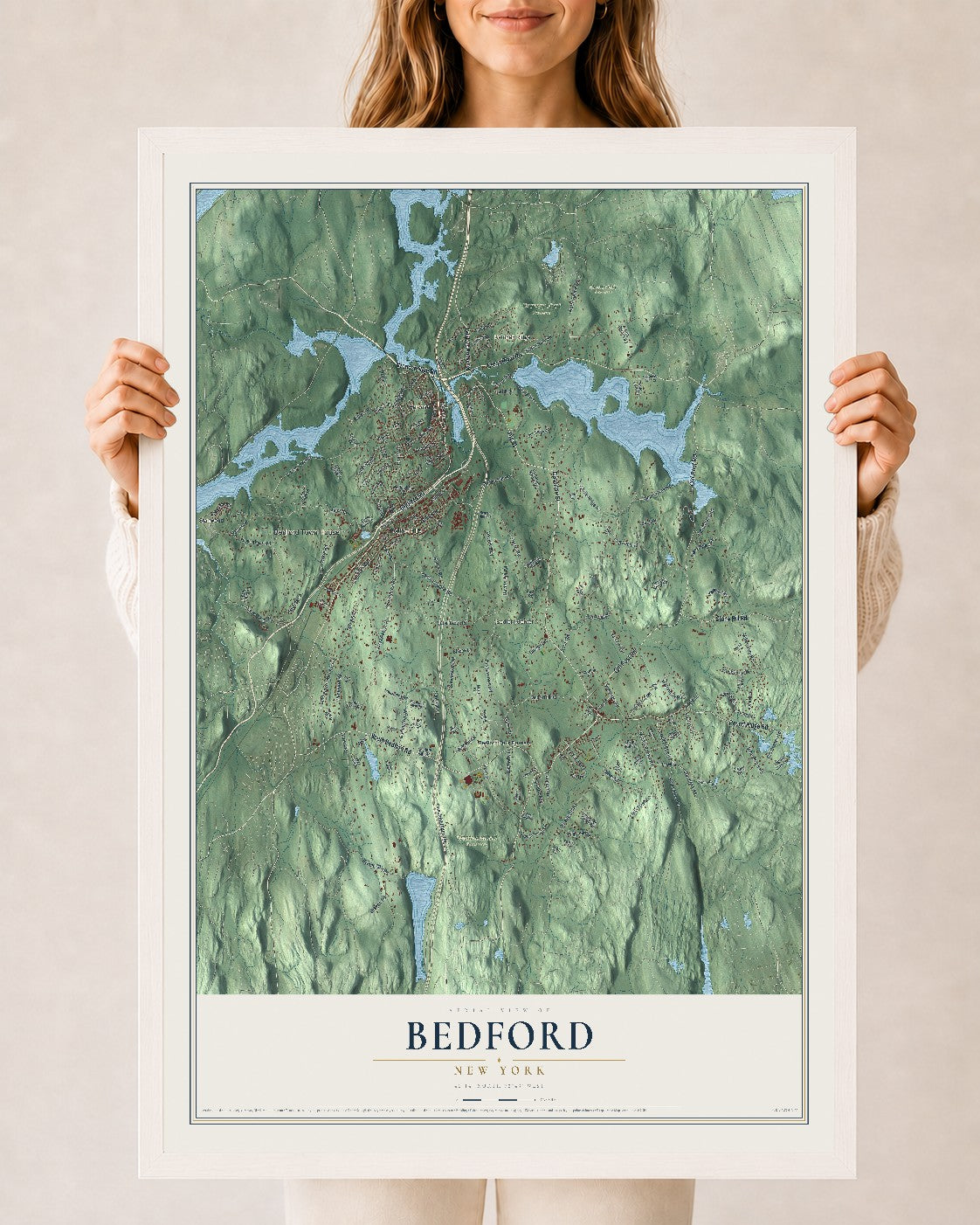 Bedford, New York map print, 24" x 36" W/ White Ayous Wood Frame mockup