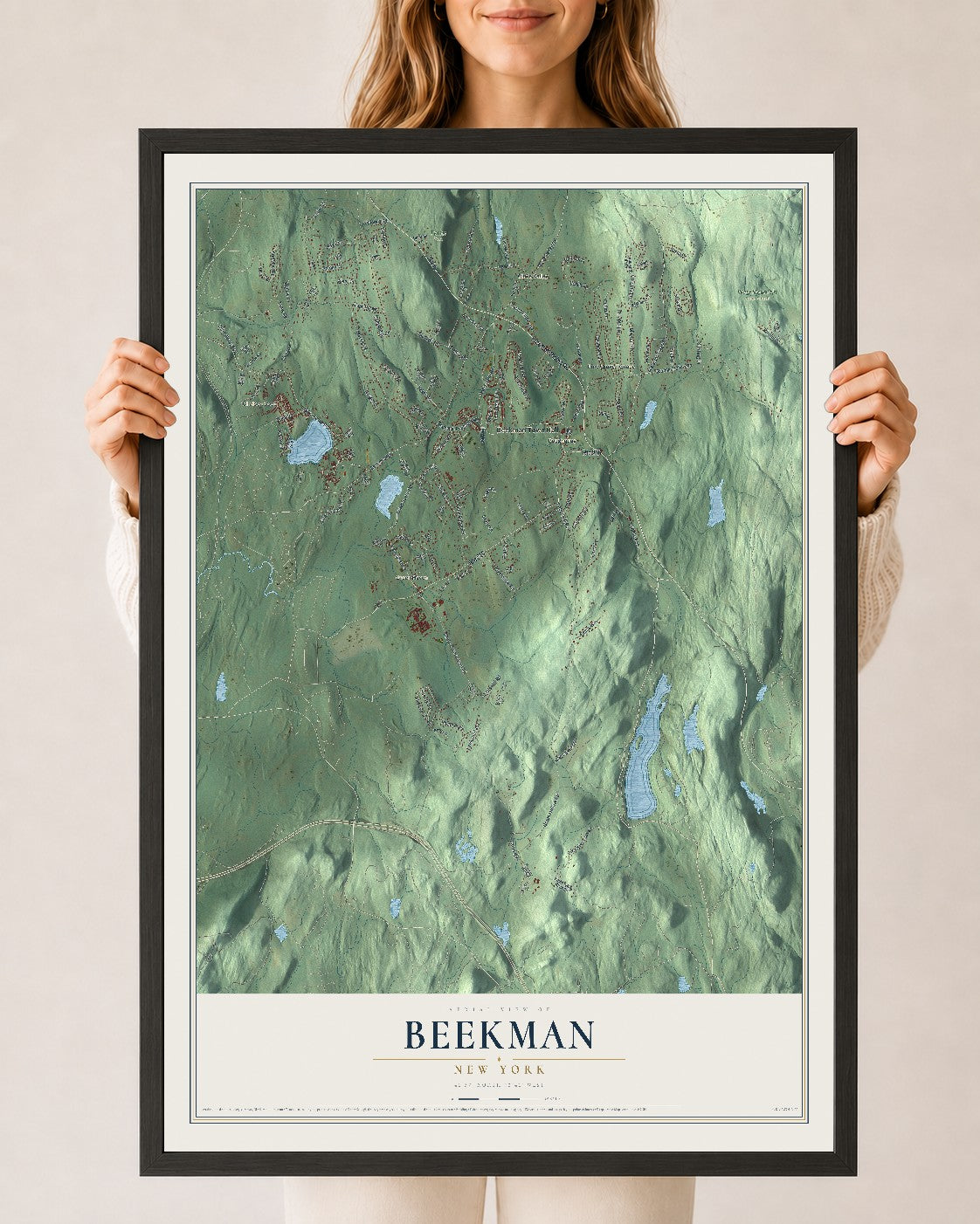 Beekman, New York map print, 24" x 36" W/ Black Ayous Wood Frame mockup