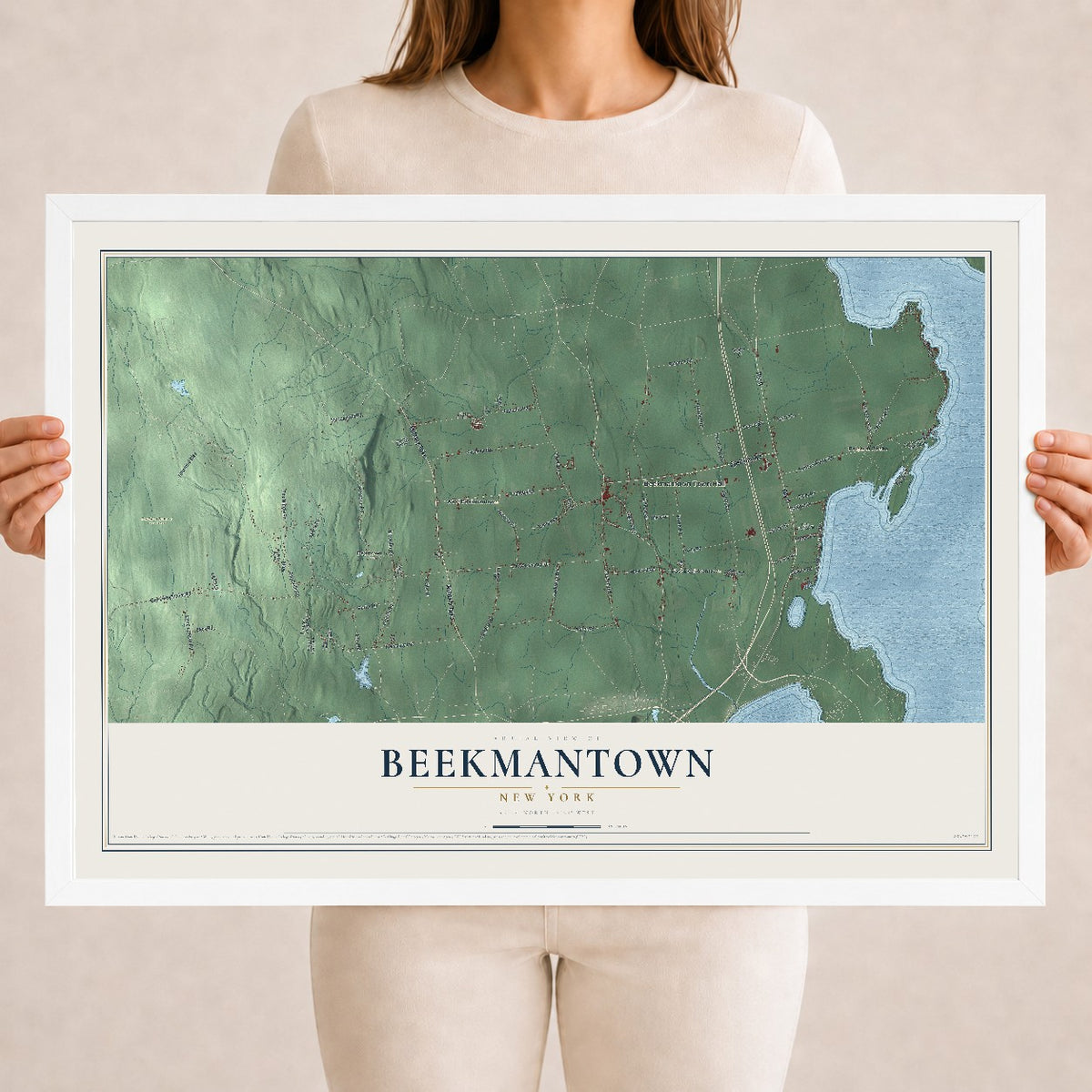 Beekmantown, New York map print, 18" x 24" W/ White Ayous Wood Frame mockup