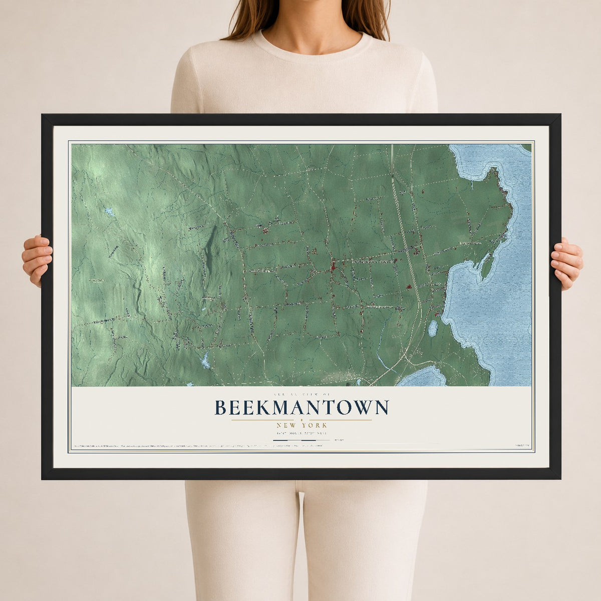 Beekmantown, New York map print, 24" x 36" W/ Black Ayous Wood Frame mockup