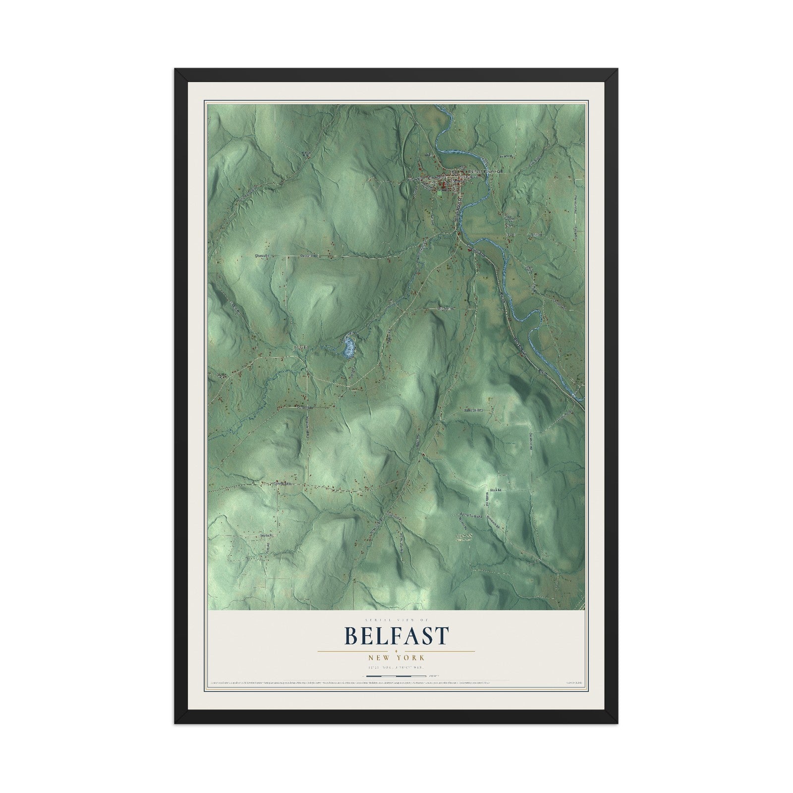 Belfast, New York map print, 12" x 18" W/ Black Ayous Wood Frame mockup
