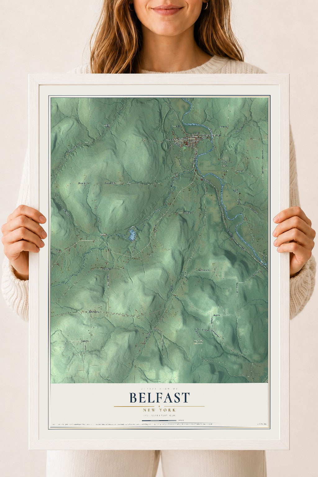 Belfast, New York map print, 18" x 24" W/ White Ayous Wood Frame mockup