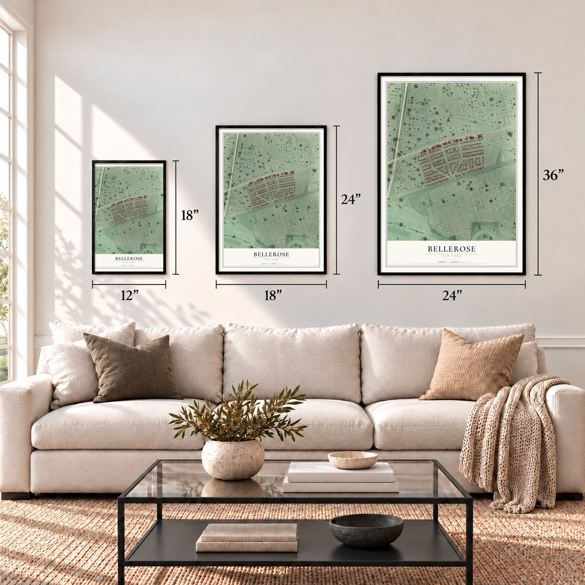 Bellerose, New York map in 12 x 18, 18 x 24 and 24 x 36 inch sizes above a sofa