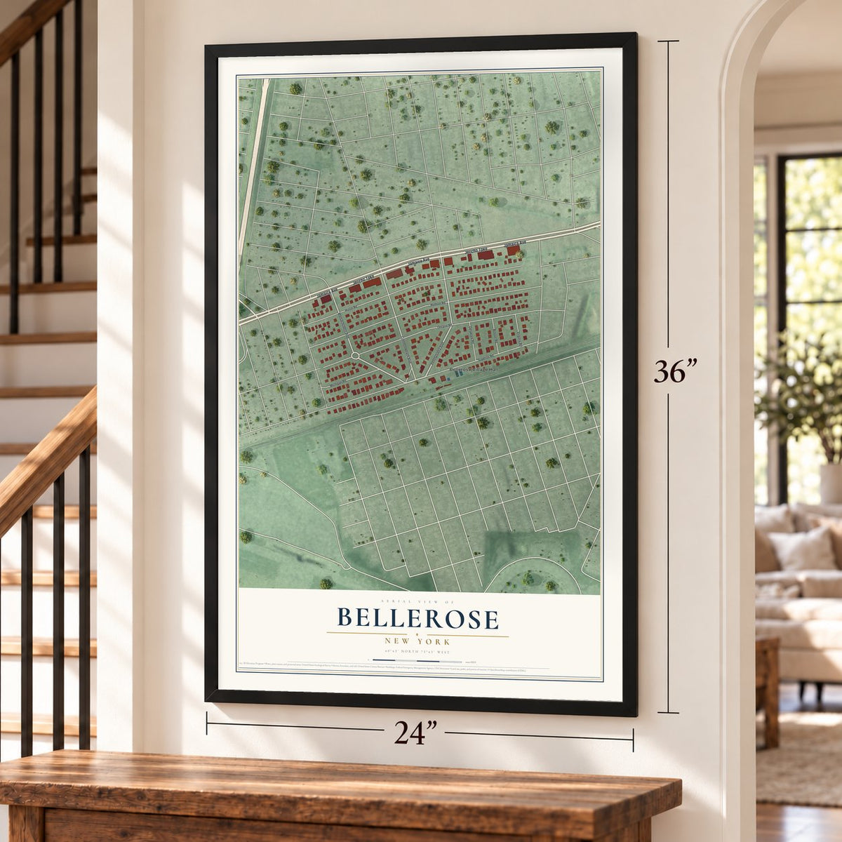 Bellerose, New York map, 24 x 36 inch print in a black frame by a staircase