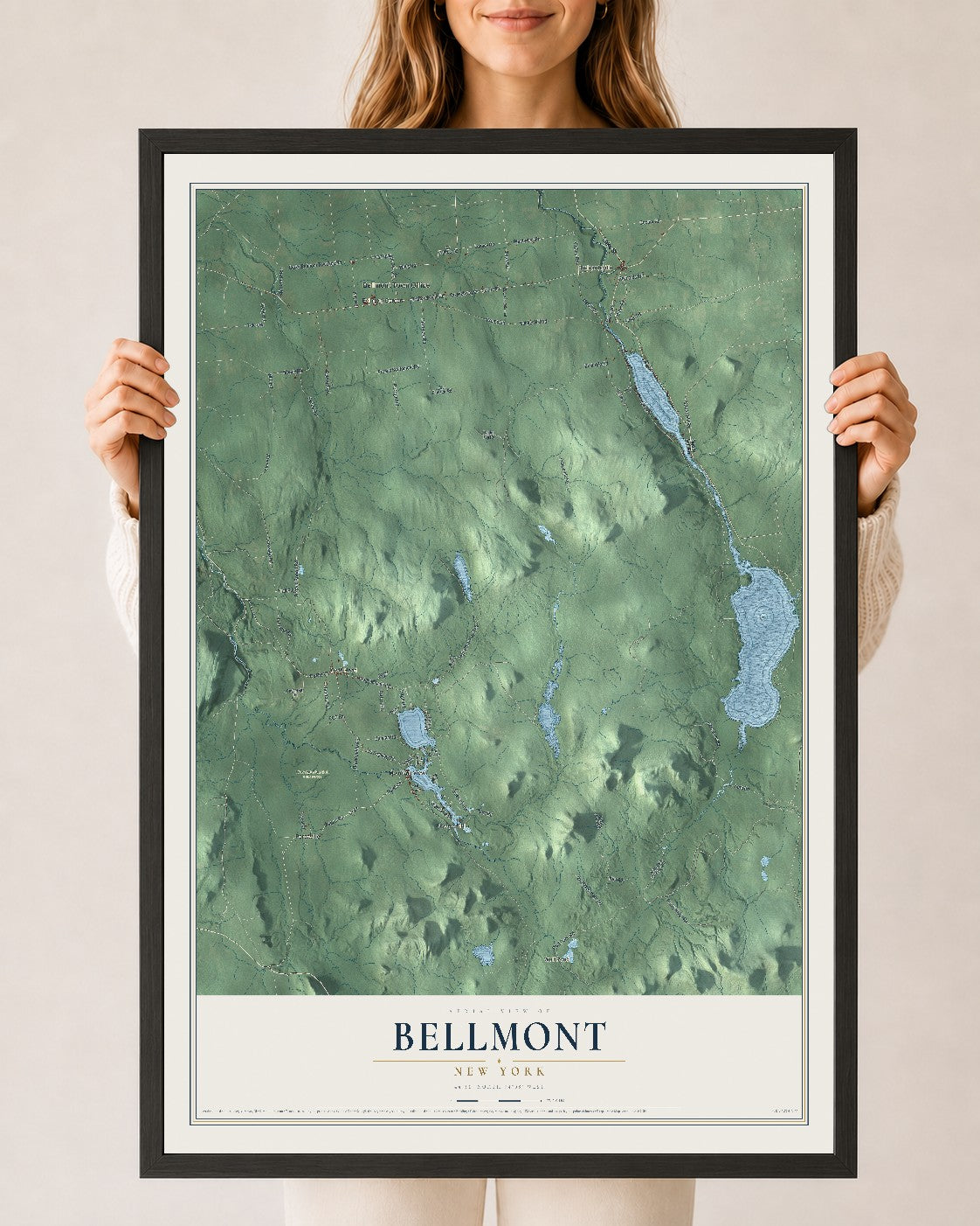 Bellmont, New York map print, 24" x 36" W/ Black Ayous Wood Frame mockup