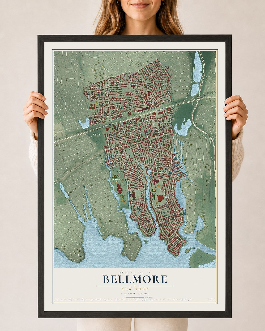 Bellmore, New York map print, 24" x 36" W/ Black Ayous Wood Frame mockup