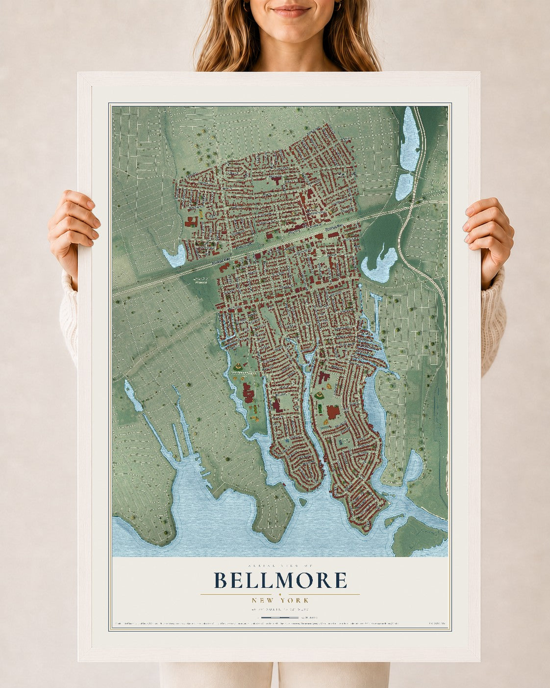 Bellmore, New York map print, 24" x 36" W/ White Ayous Wood Frame mockup