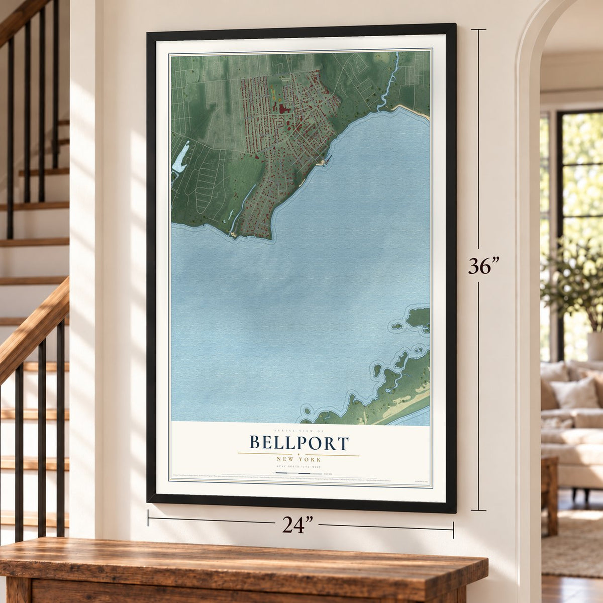 Bellport, New York map, 24 x 36 inch print in a black frame by a staircase