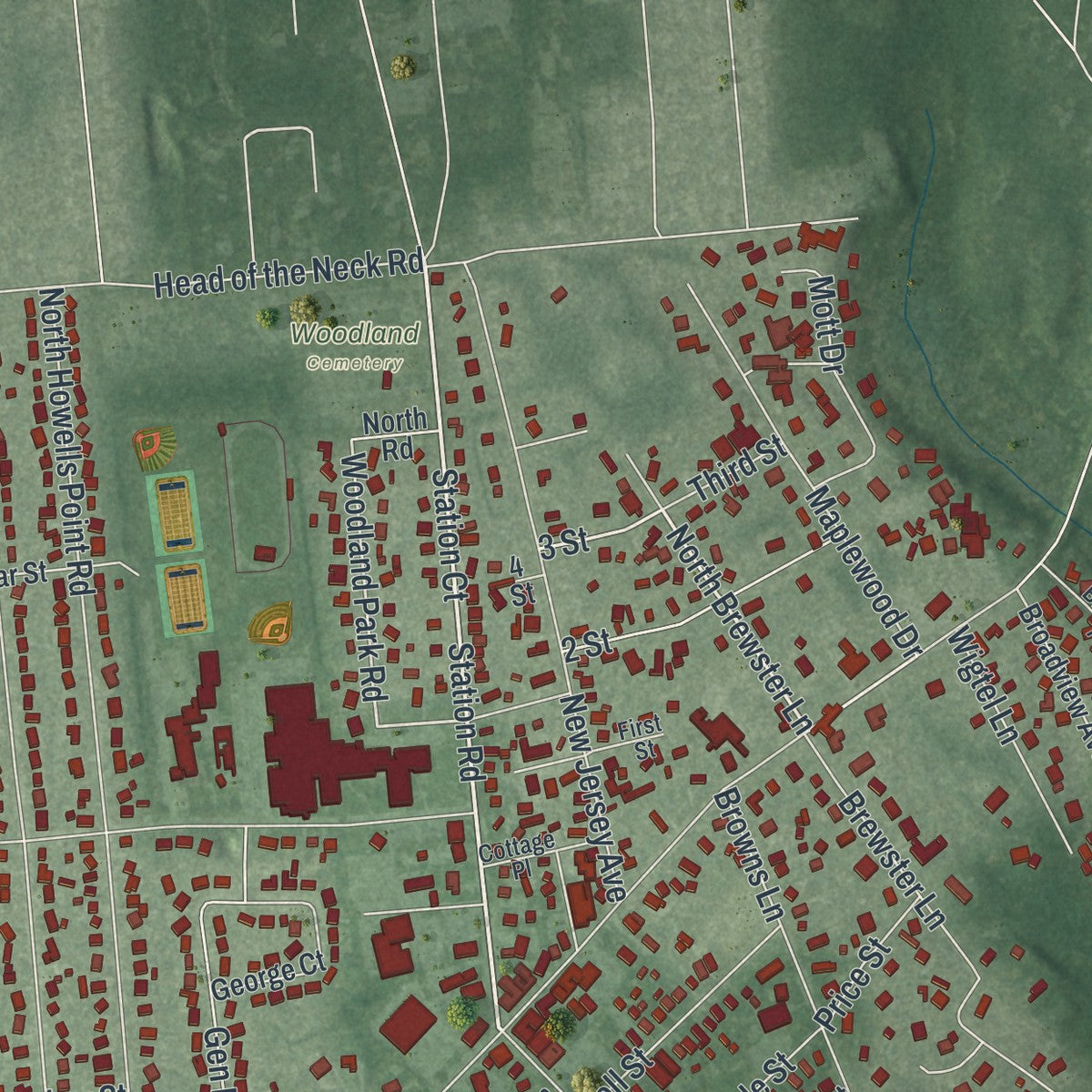 Close-up of the map of Bellport, New York print showing street and building detail