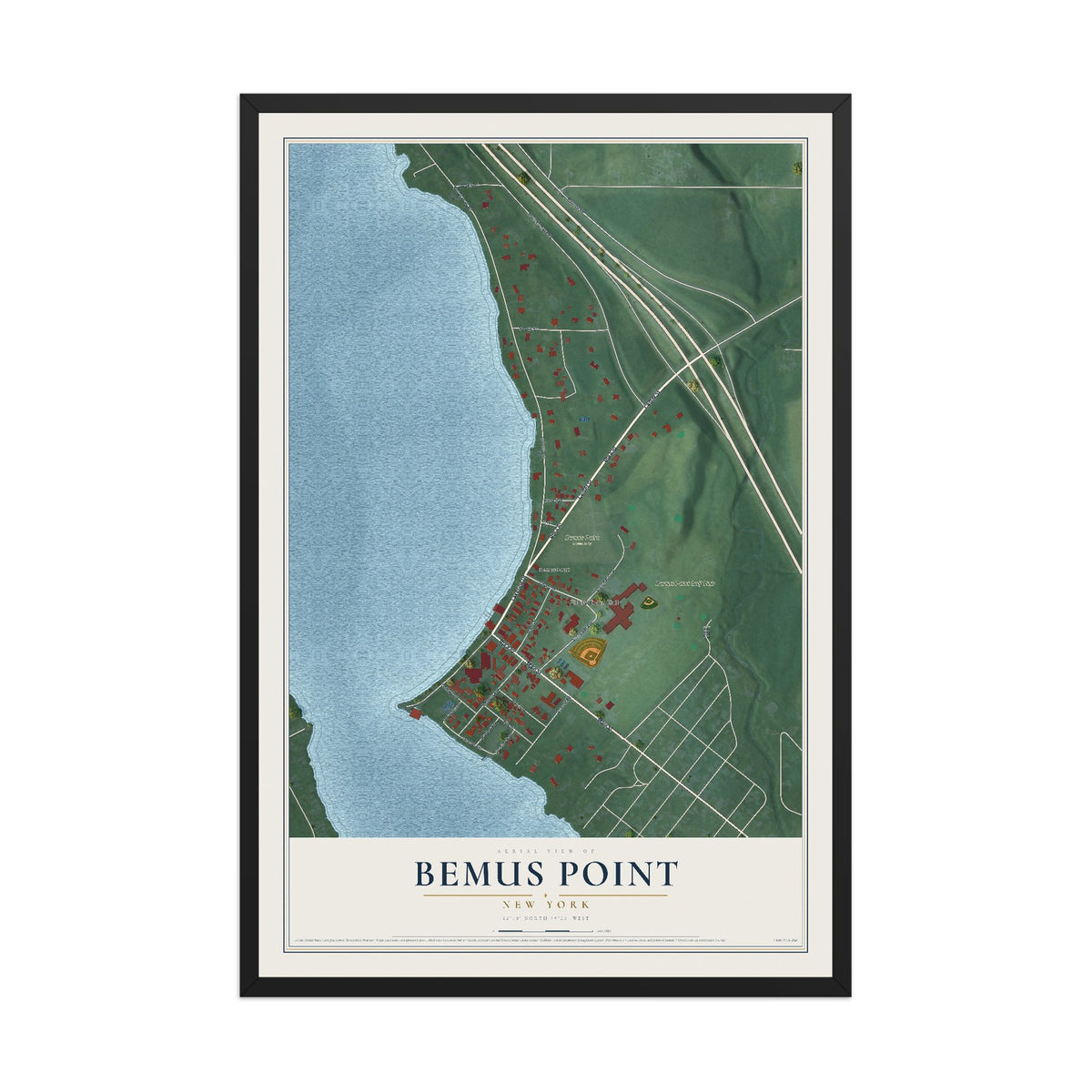 Bemus Point, New York map print, 12" x 18" W/ Black Ayous Wood Frame mockup