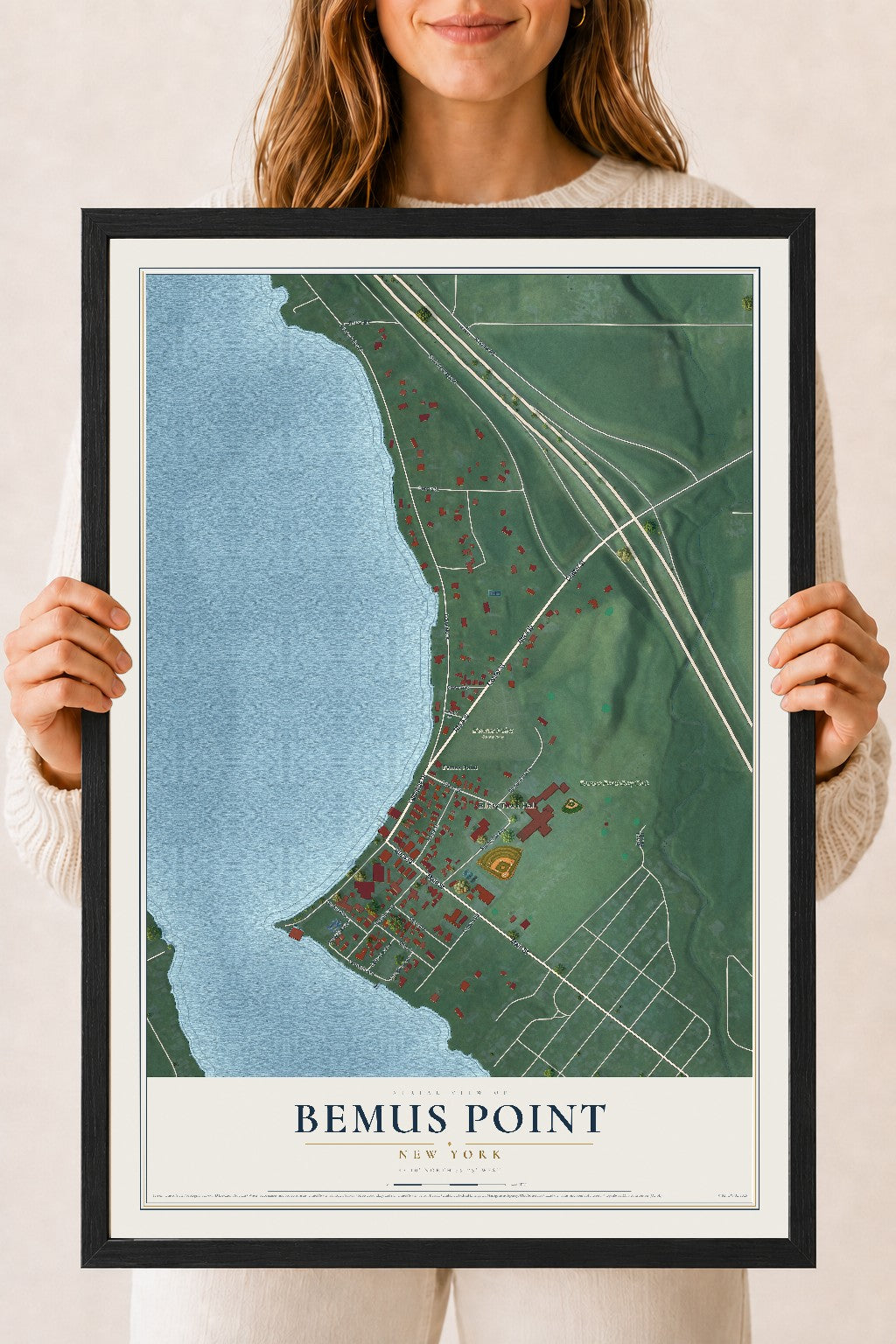 Bemus Point, New York map print, 18" x 24" W/ Black Ayous Wood Frame mockup
