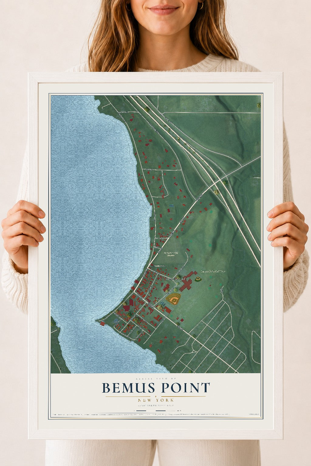 Bemus Point, New York map print, 18" x 24" W/ White Ayous Wood Frame mockup