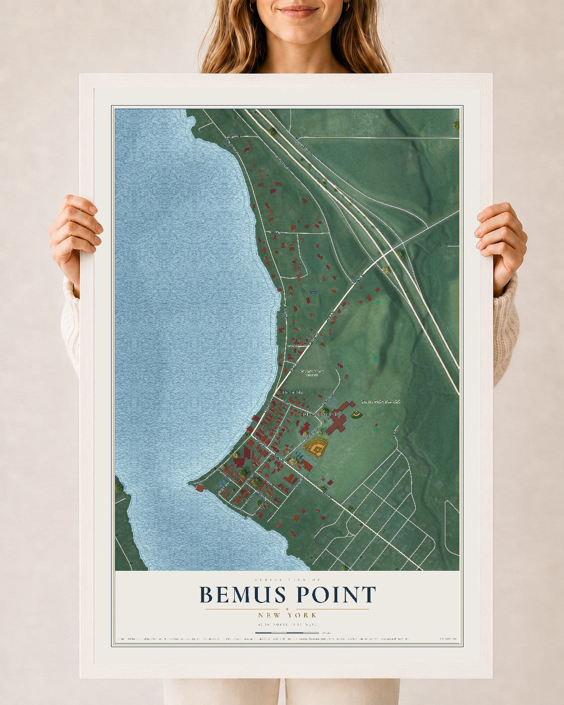 Bemus Point, New York map print, 24" x 36" W/ White Ayous Wood Frame mockup