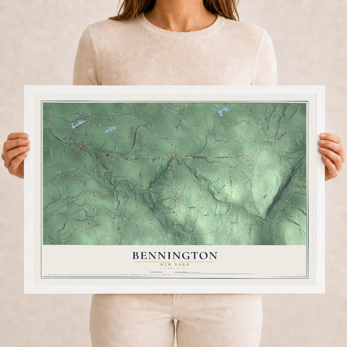 Bennington, New York map print, 12" x 18" W/ White Ayous Wood Frame mockup