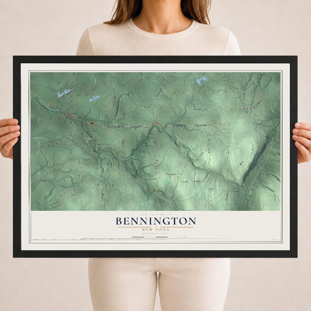 Bennington, New York map print, 18" x 24" W/ Black Ayous Wood Frame mockup