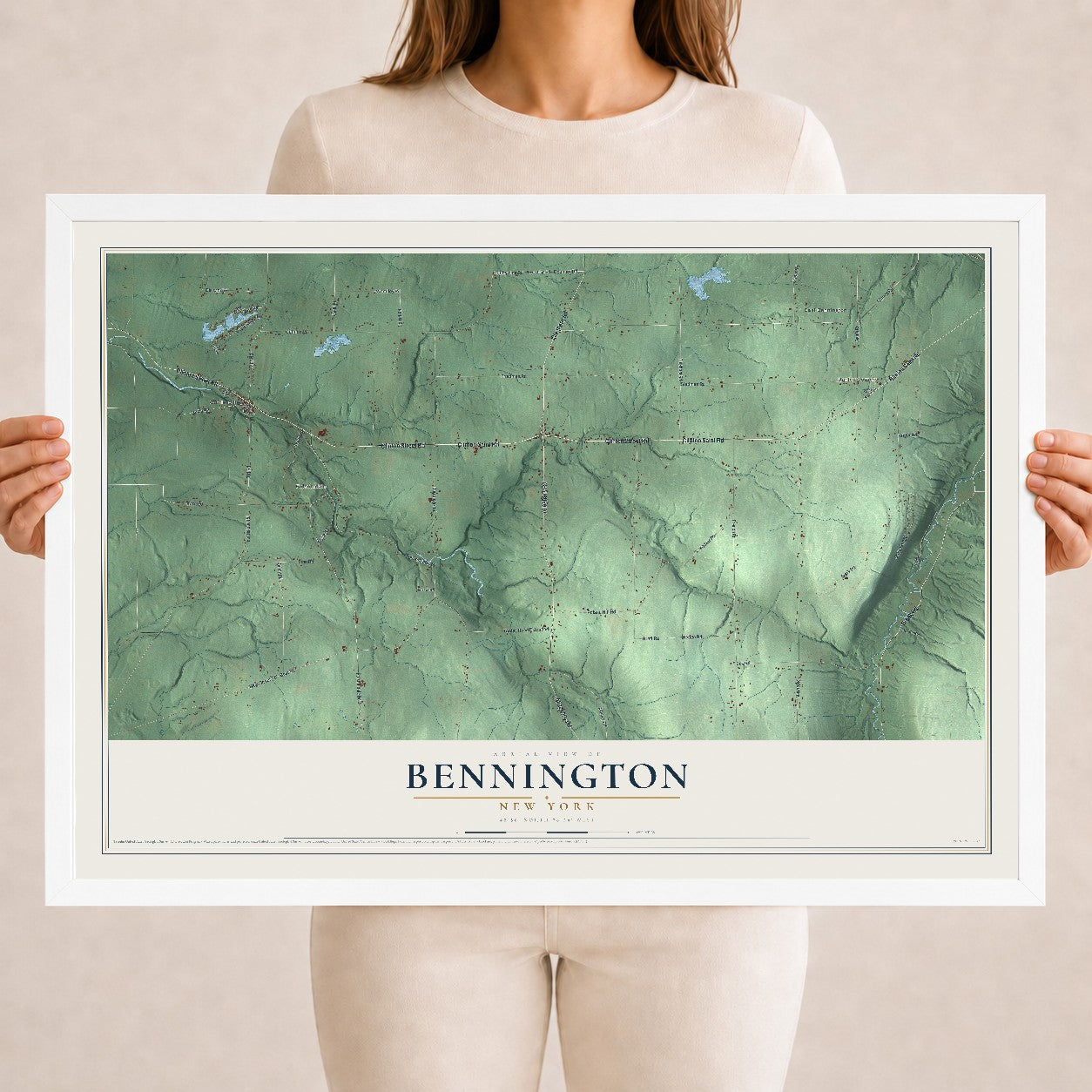 Bennington, New York map print, 18" x 24" W/ White Ayous Wood Frame mockup