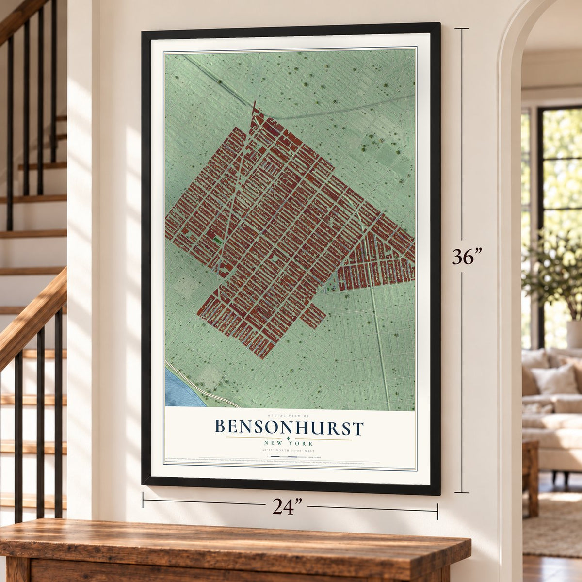 Bensonhurst, New York map, 24 x 36 inch print in a black frame by a staircase
