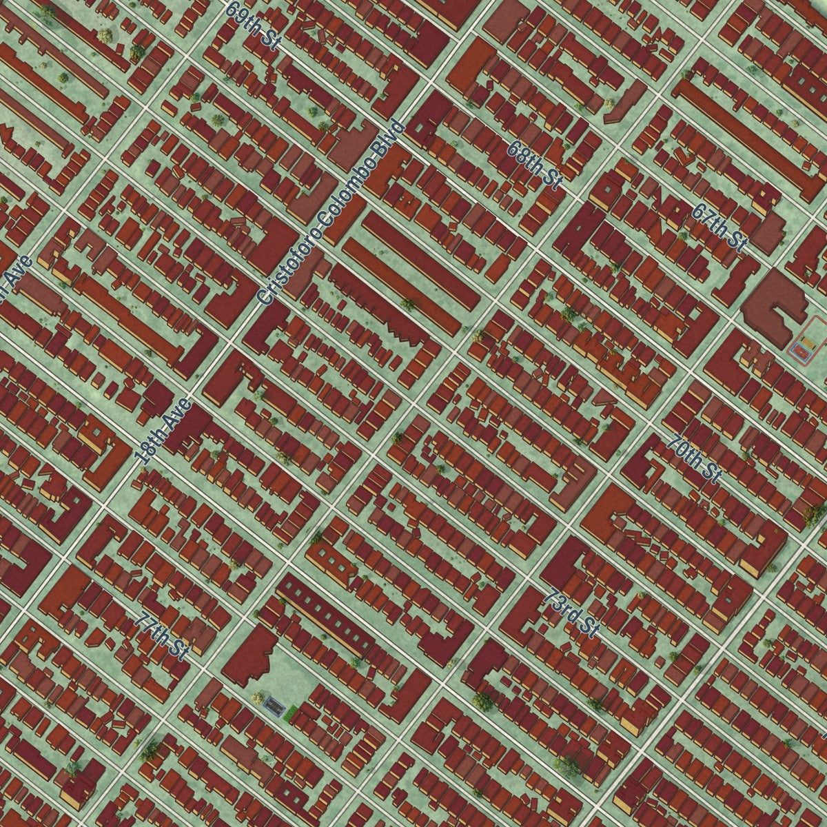 Close-up of the map of Bensonhurst, New York print showing street and building detail