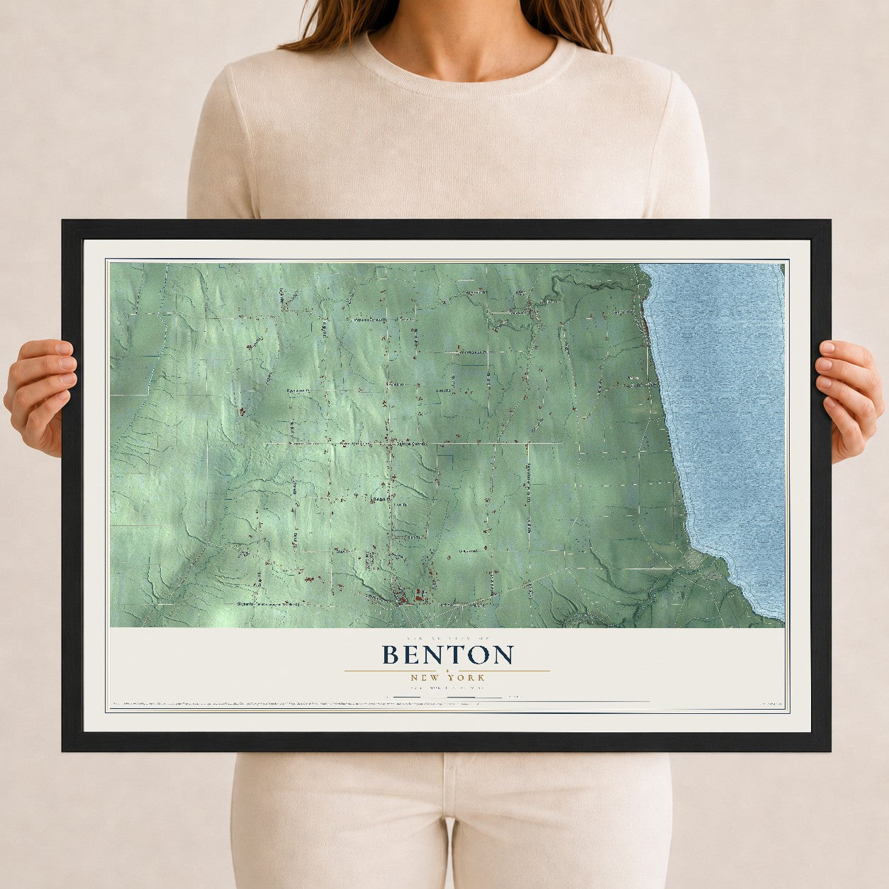 Benton, New York map print, 12" x 18" W/ Black Ayous Wood Frame mockup